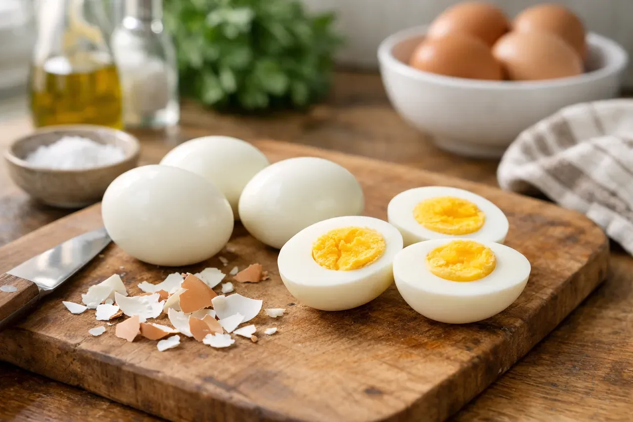 Œufs durs écalés posés sur une planche en bois dans une cuisine lumineuse