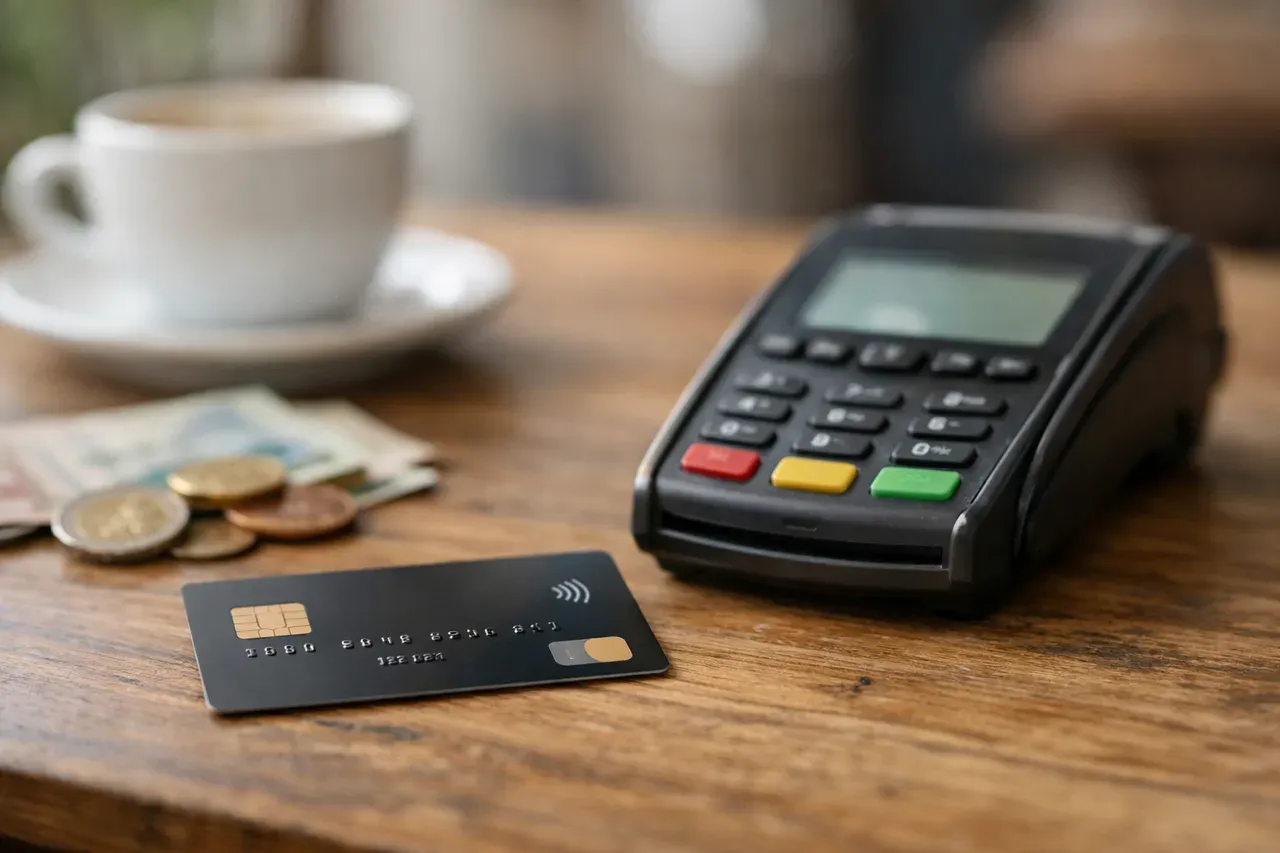 Carte bancaire posée sur une table en bois près d'un terminal de paiement