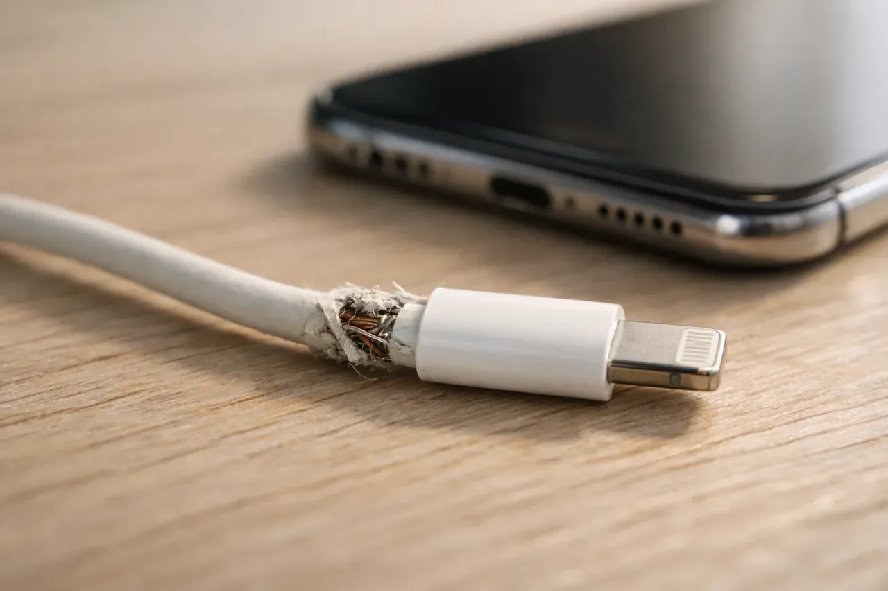 Câble de chargeur blanc abîmé près de l'embout, posé sur un bureau en bois à côté d'un smartphone
