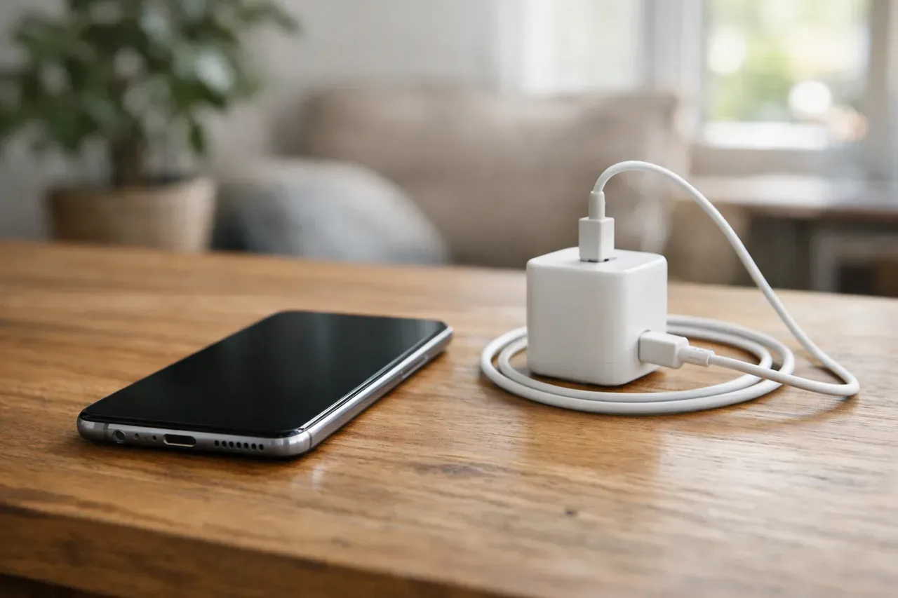 Smartphone posé sur une table en bois près d'un chargeur, dans une pièce lumineuse