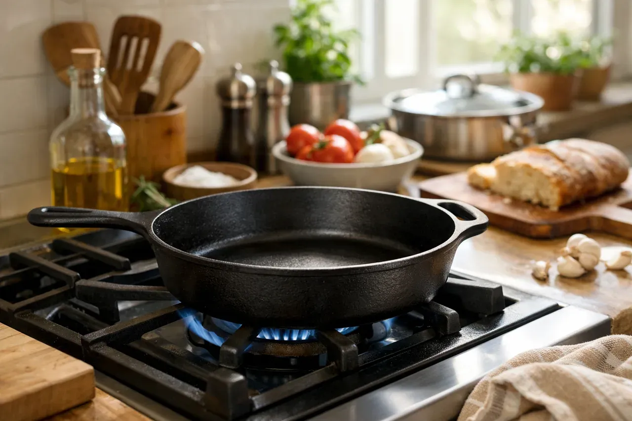 Casserole en fonte posée sur une cuisinière dans une cuisine lumineuse
