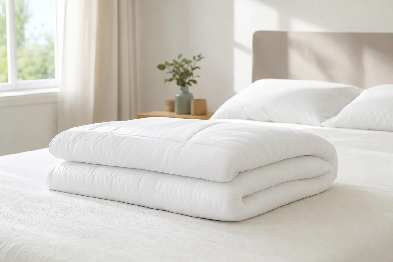 Couette blanche pliée sur un lit dans une chambre lumineuse