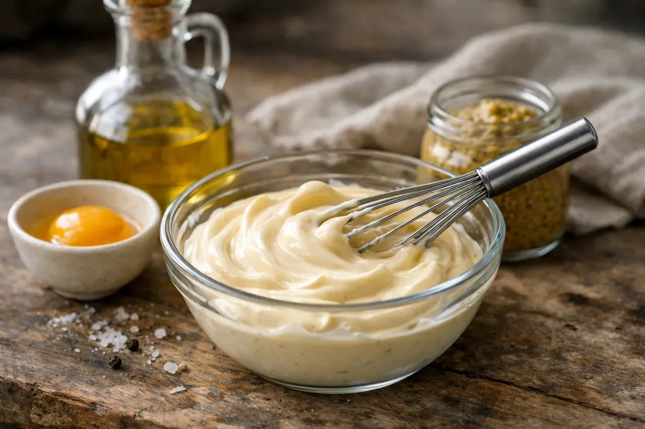 Mayonnaise maison dans un bol en verre avec un fouet, un jaune d'œuf, de l'huile et de la moutarde sur un plan de travail