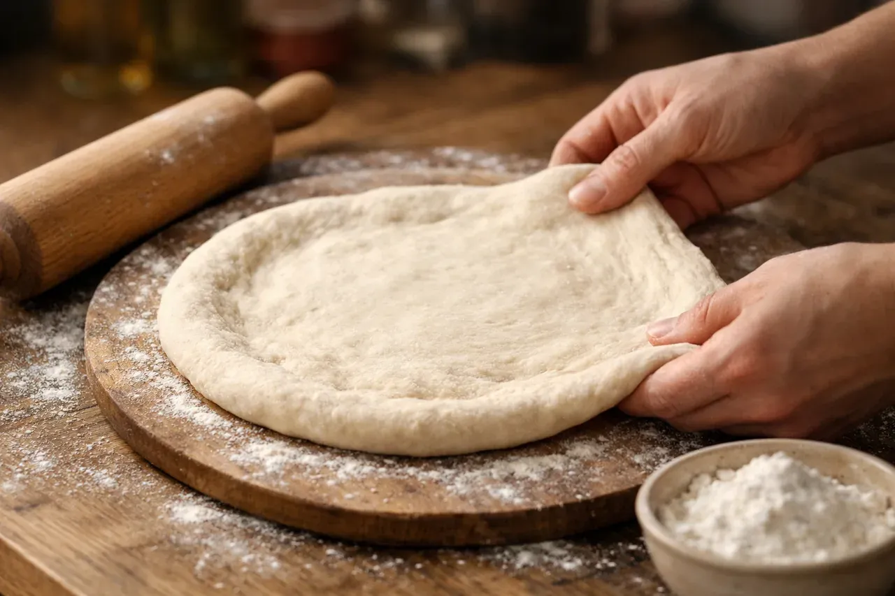 Pâte à pizza maison étalée sur une planche en bois farinée, avec un rouleau à pâtisserie et un bol de farine