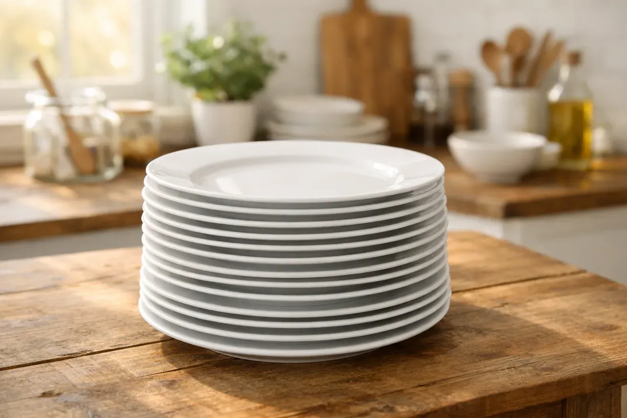 Assiettes en porcelaine blanche empilées sur une table en bois dans une cuisine lumineuse