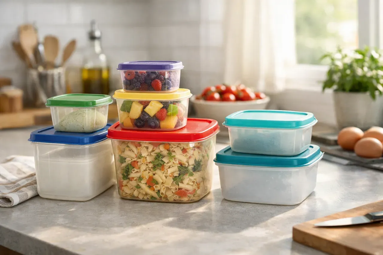 Boîtes en plastique alimentaire empilées sur un plan de travail de cuisine lumineux