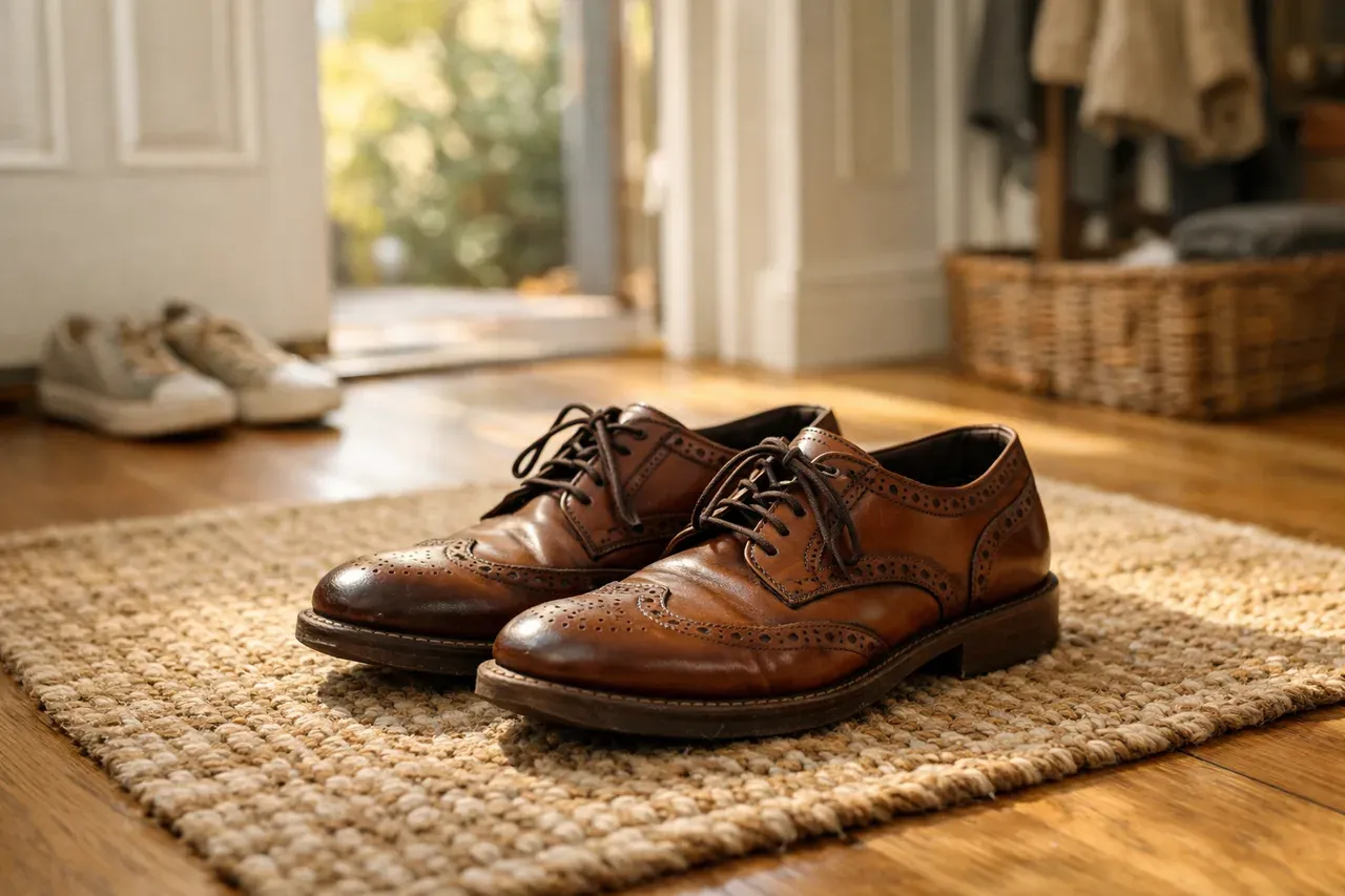 Chaussures en cuir posées sur un tapis dans une entrée lumineuse