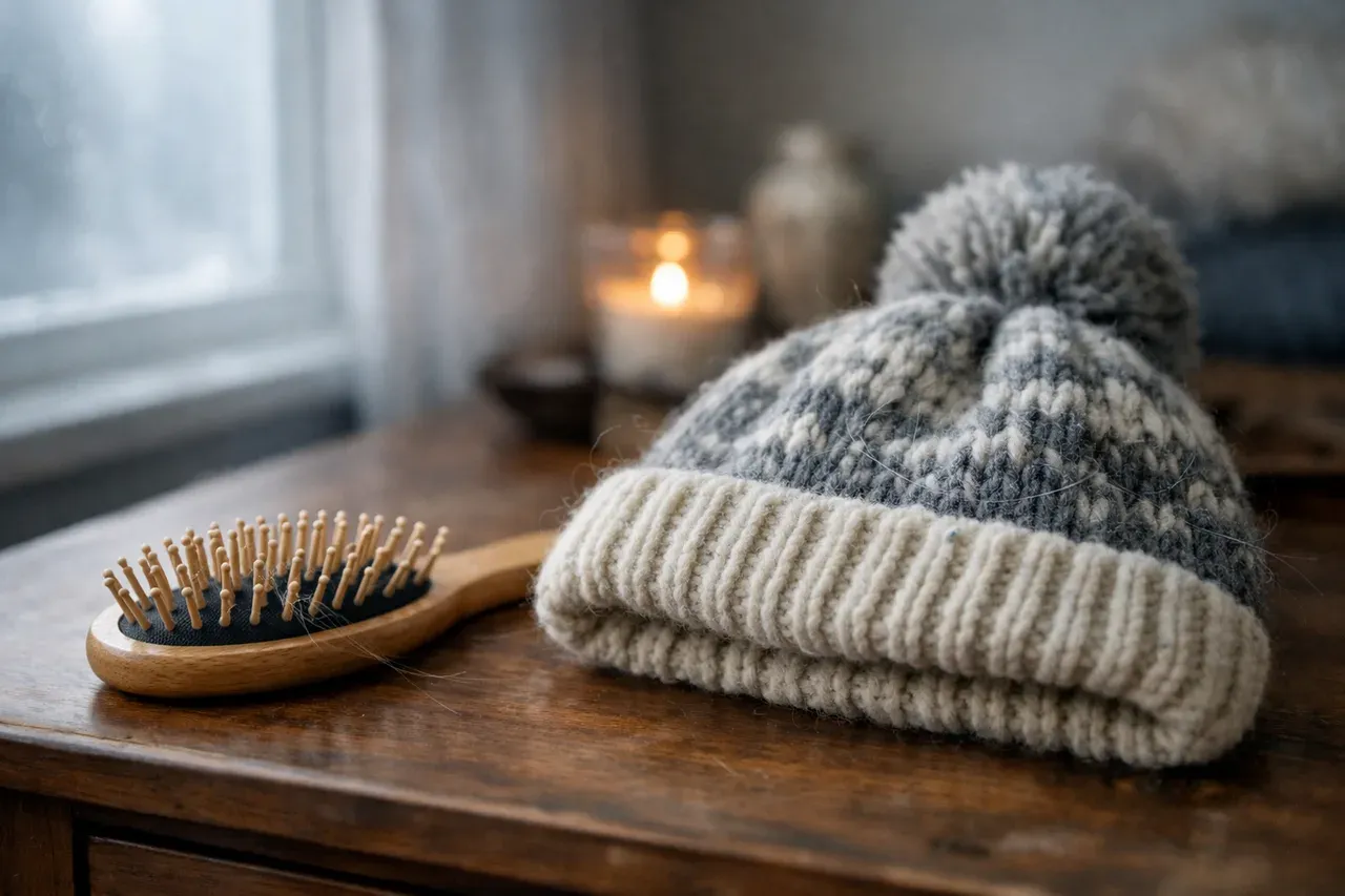 Brosse à cheveux en bois et bonnet en laine posés sur une commode, avec quelques cheveux fins accrochés au bonnet