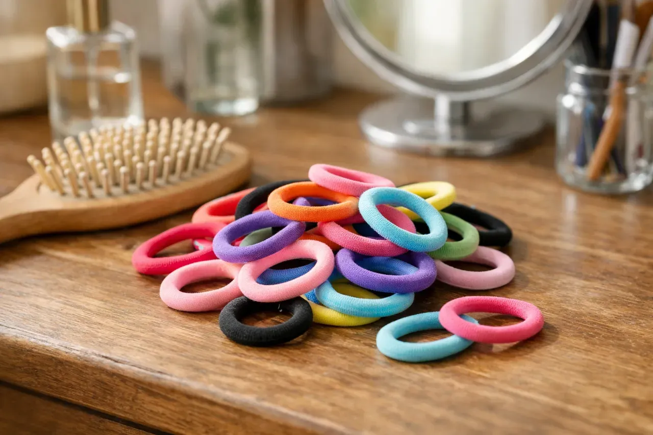 Élastiques à cheveux colorés posés sur une coiffeuse près d'une brosse
