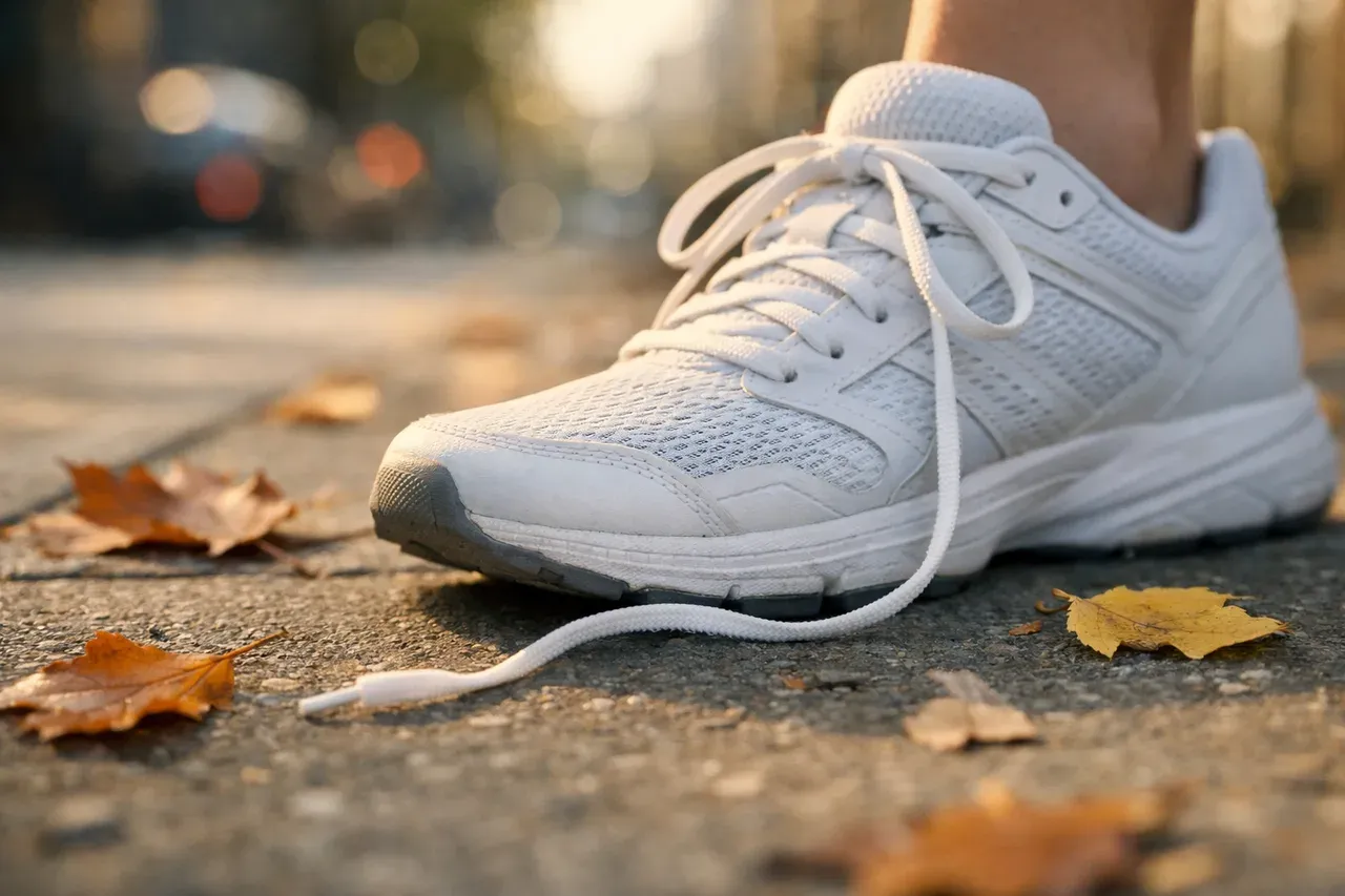 Basket blanche sur un trottoir avec un lacet défait posé au sol parmi des feuilles d'automne