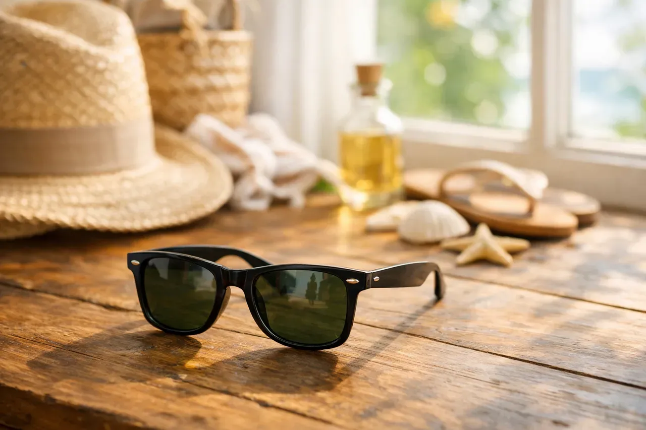 Lunettes de soleil posées sur une table en bois près d'une fenêtre lumineuse