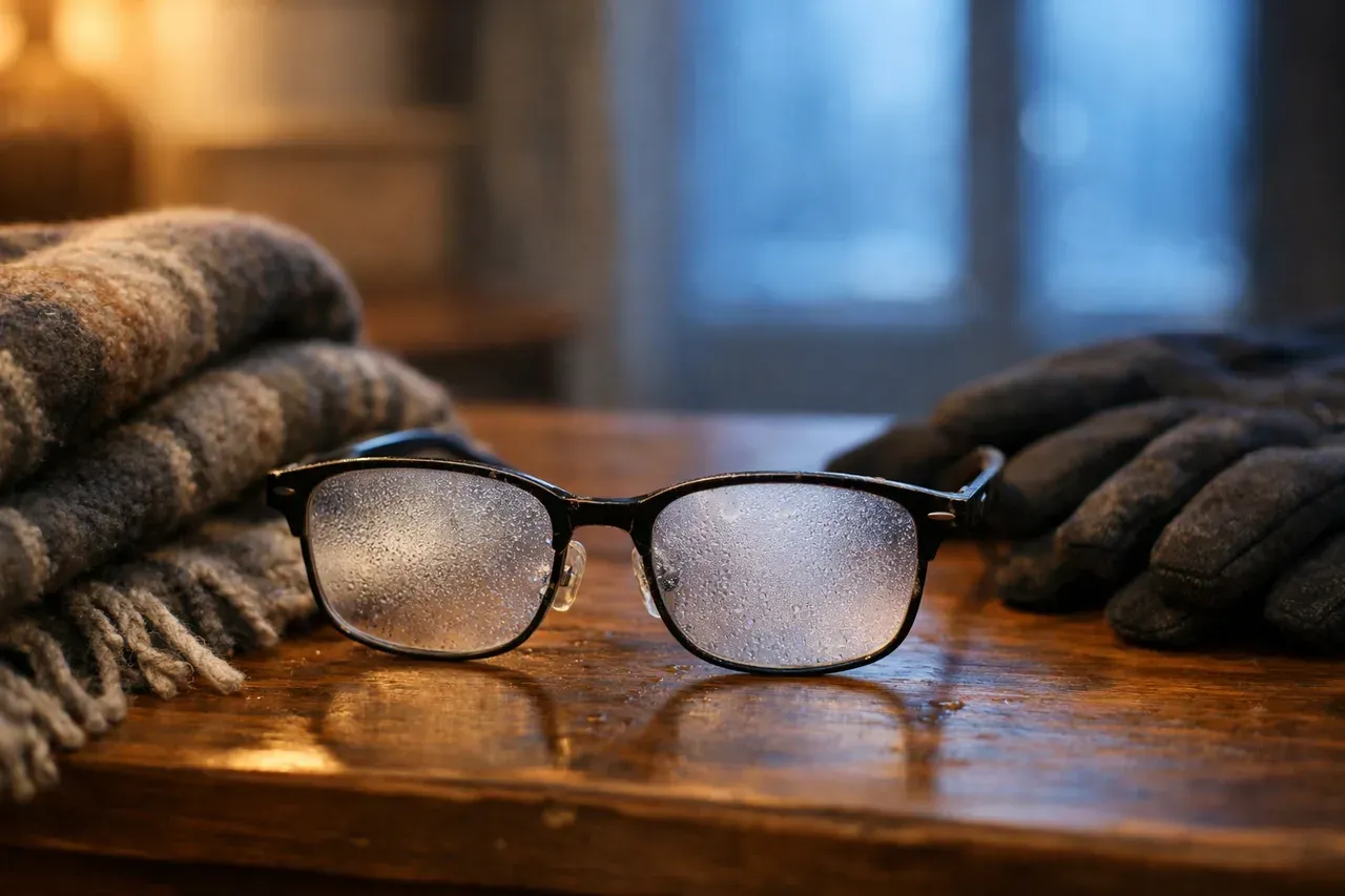 Paire de lunettes aux verres embués posée sur une console d'entrée à côté d'une écharpe en laine et de gants