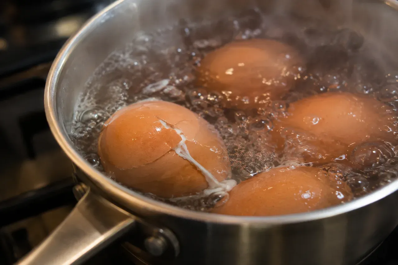 Œufs en train de cuire dans une petite casserole d'eau bouillante, l'un d'eux fendu laissant s'échapper un filet de blanc