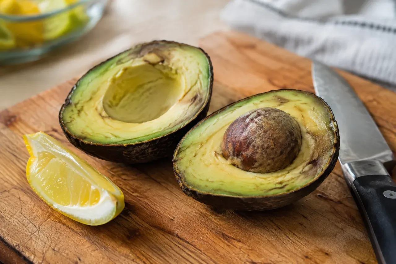 Avocat coupé en deux sur une planche en bois, avec une chair légèrement brunie en surface, un quartier de citron et un couteau