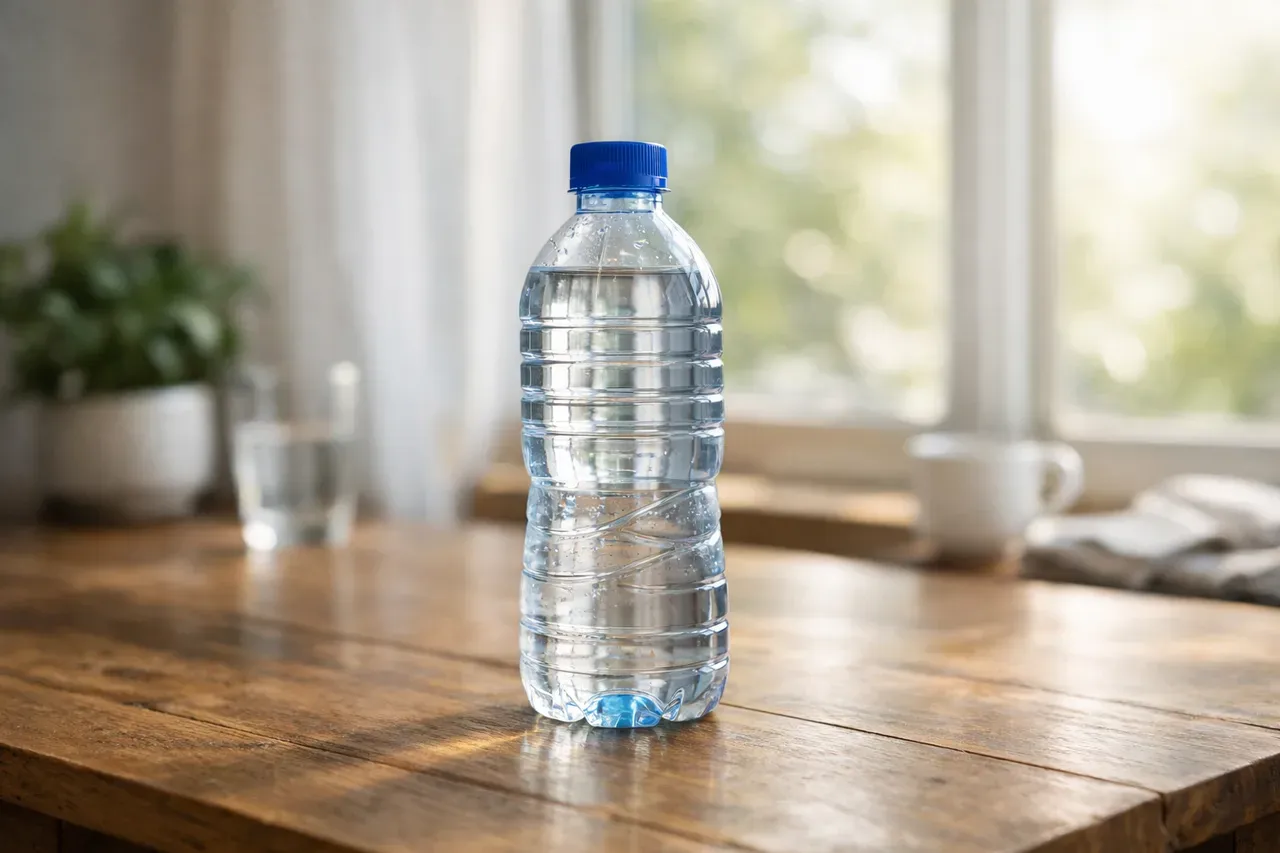Bouteille d'eau en plastique posée sur une table en bois près d'une fenêtre lumineuse