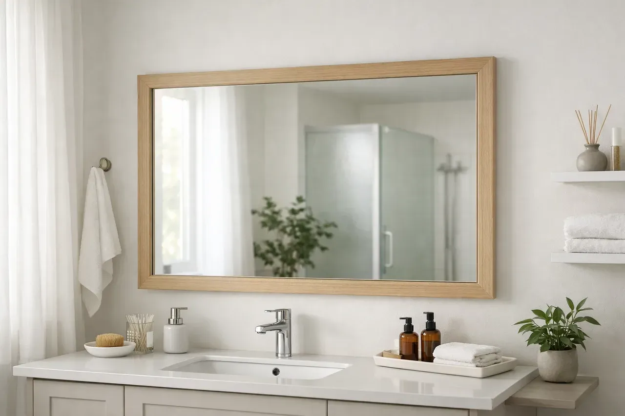 Miroir de salle de bain avec quelques petites taches sur les bords dans une pièce lumineuse
