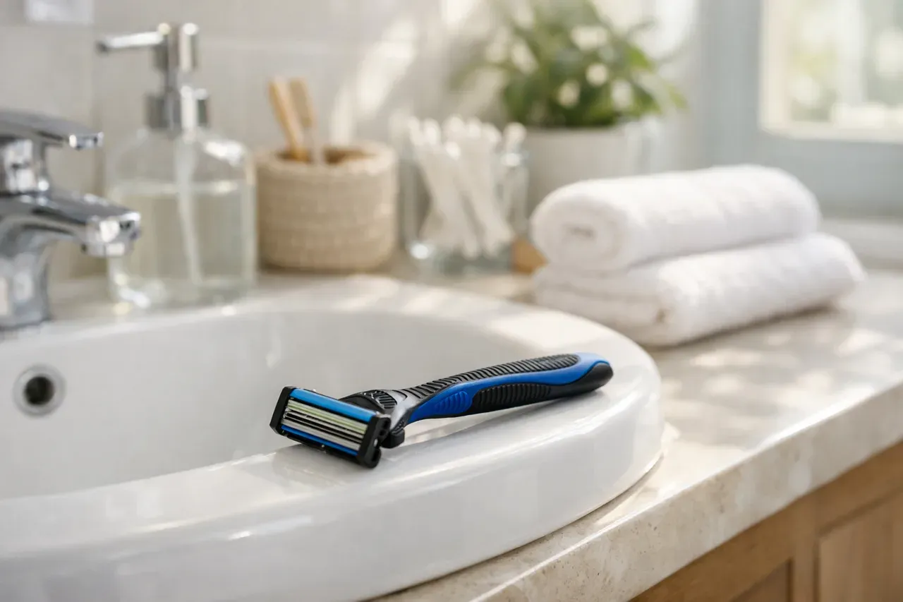 Rasoir jetable posé sur le rebord d'une vasque de salle de bain lumineuse