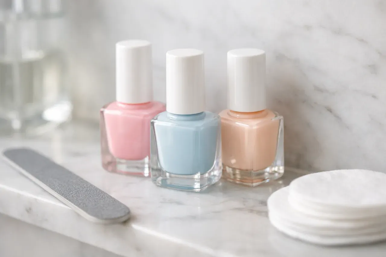 Flacons de vernis à ongles aux couleurs pastel sur une étagère en marbre, avec une lime et des cotons